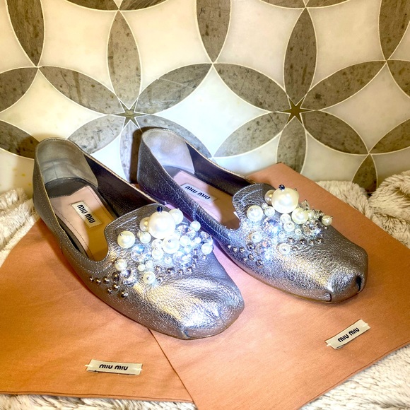 Miu Miu Crystal and Pearl Embellished flat loafers shoes - Picture 2 of 11